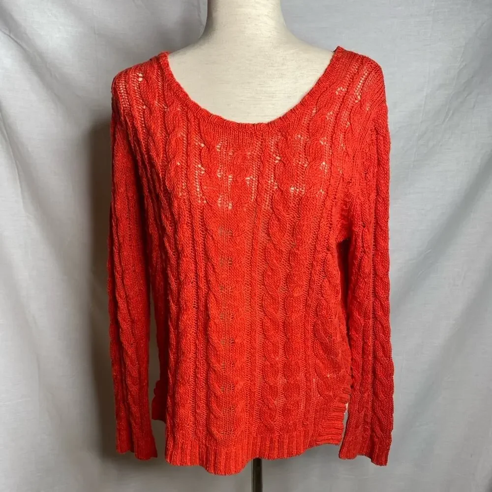 Sandro Cable Knit Sweater Orange Long Sleeve cotton linen blend crew neck size 6 - Picture 1 of 8